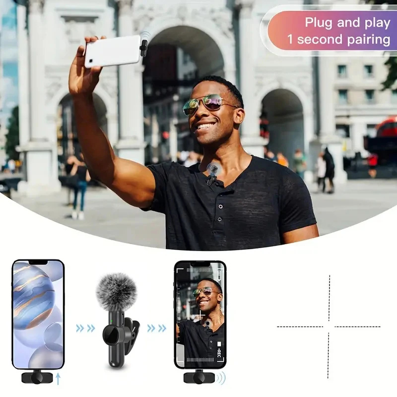 Micrófono Lavalier inalámbrico con cubierta a prueba de viento, Mini micrófono para grabación de Audio y vídeo, para iPhone, Android, teléfono móvil - Imagen 3